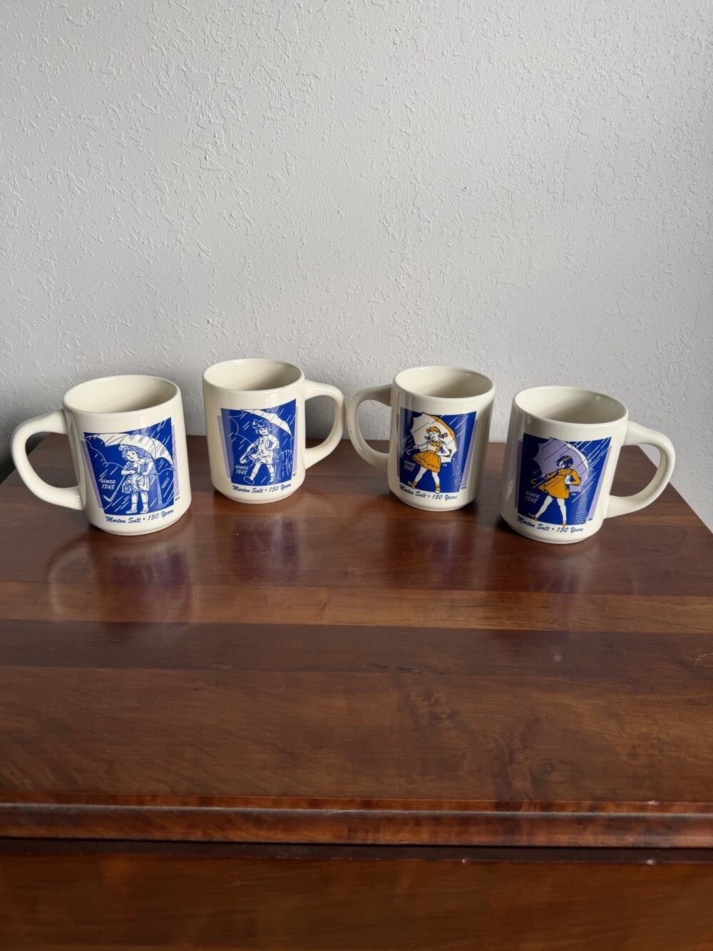 VINTAGE MORTON SALT WHEN IT RAIN IT POURS MUG SET LOT OF 4 JAPAN COFFEE 150th